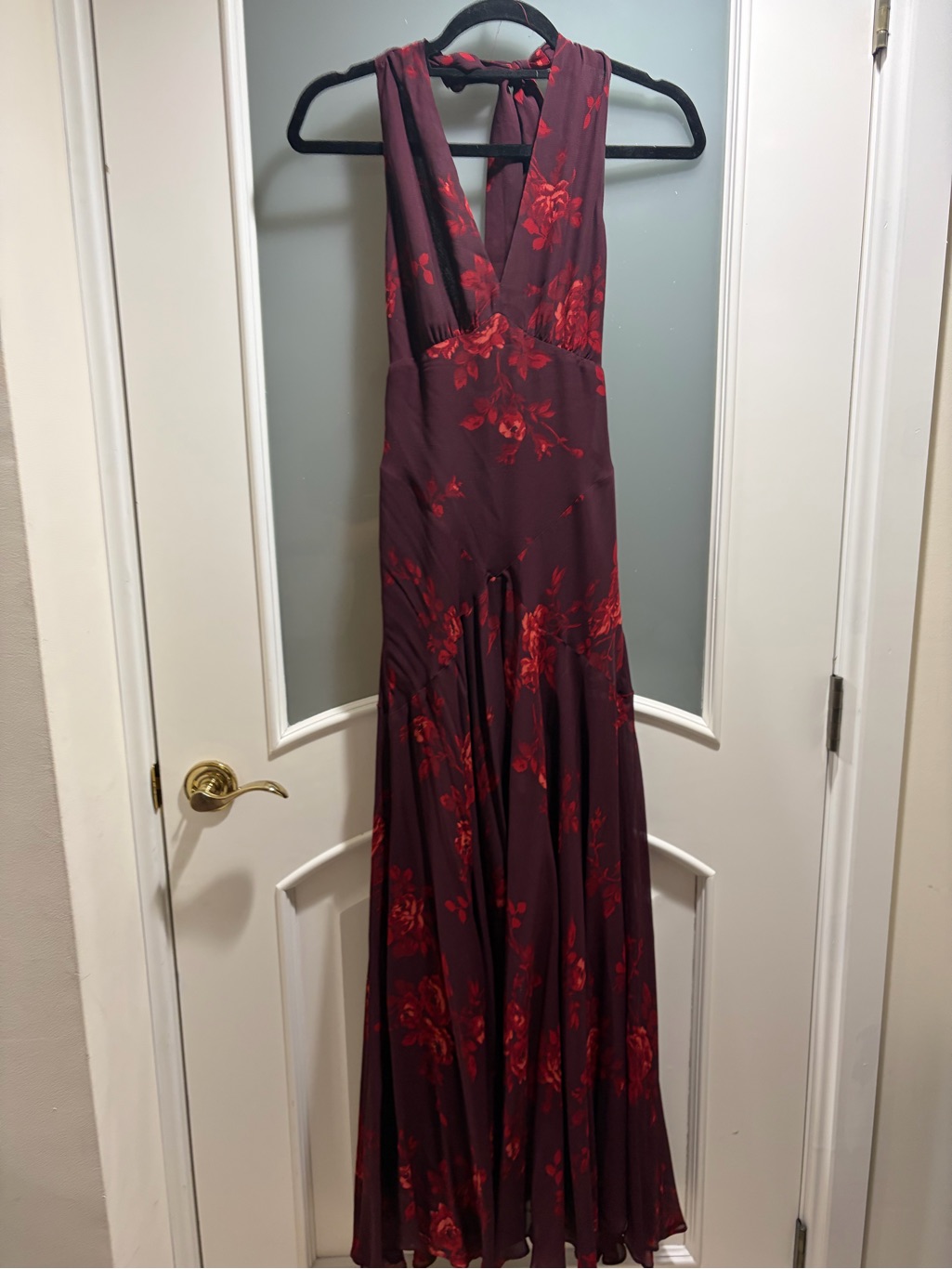 Reformation Burgundy Maxi Dress With Red Floral Print
